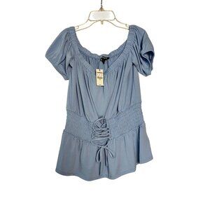 NWT Express Off-Shoulder Top Lace-Up Baby Blue‎ Smocked Waist Size Medium Blouse